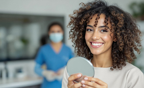 Woman smiling while holding small mirror