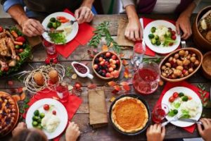 A holiday table filled with food