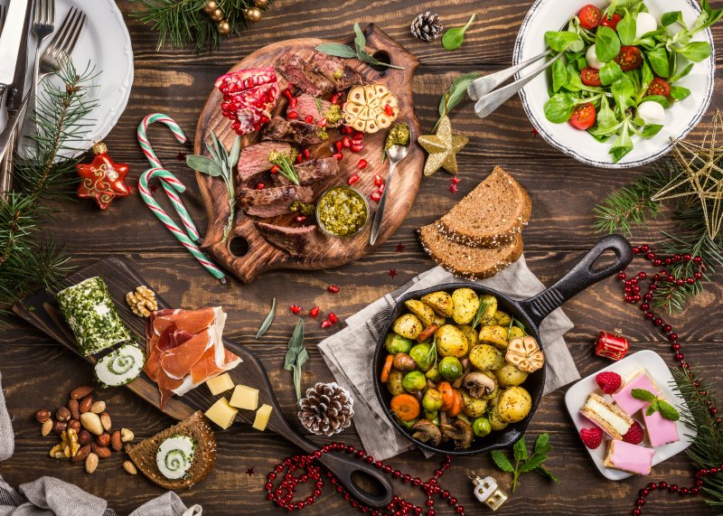 holiday dinner laid out on a table