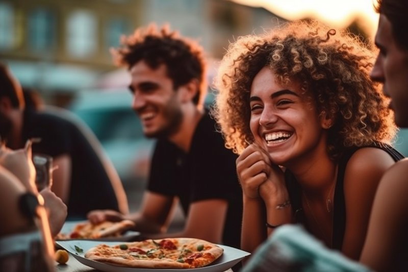 A group of friends eating pizza together