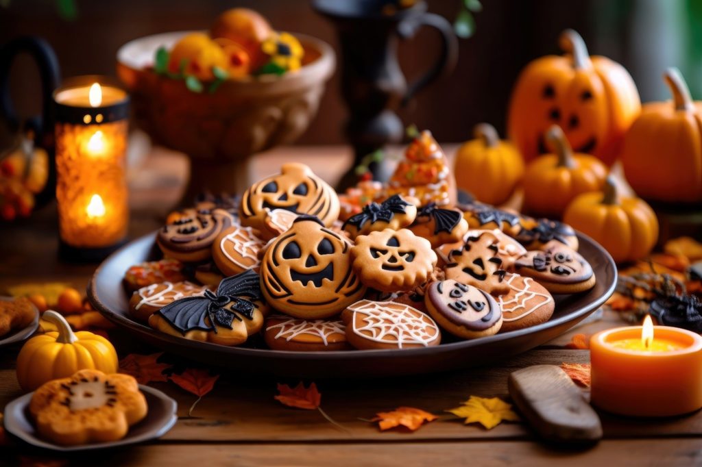 Display of festive Halloween treats on table with candles