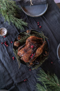 Roasted turkey on black table cloth