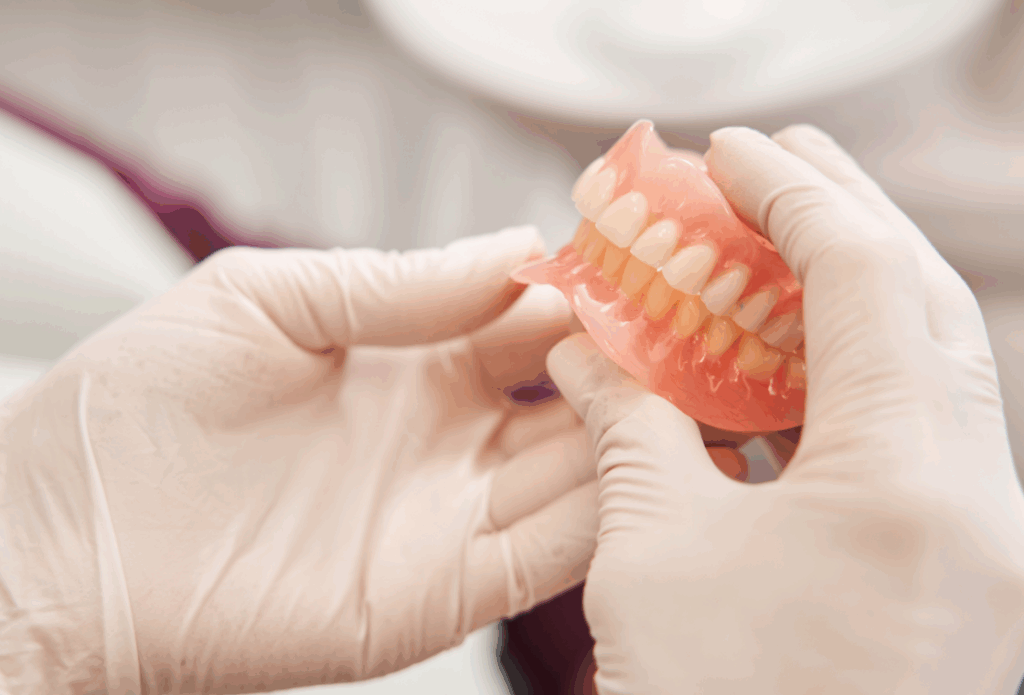 Dentist holding dentures