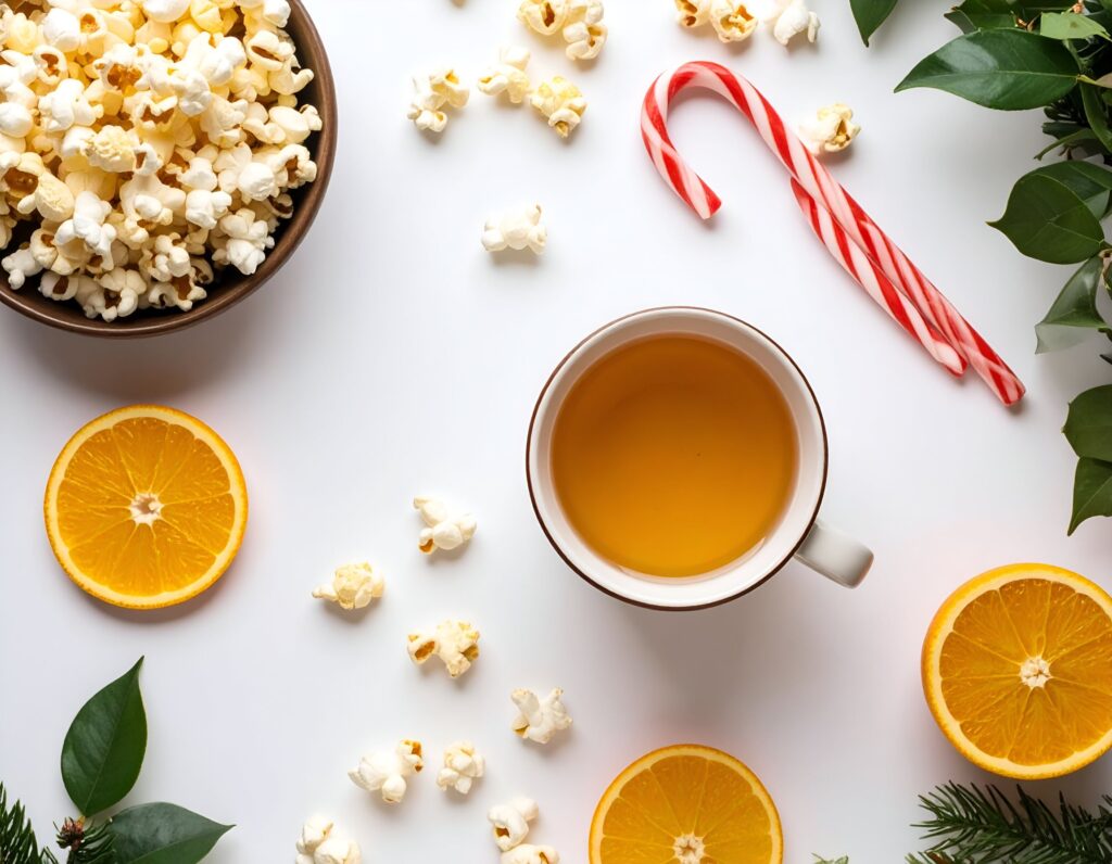 Bowl of popcorn on white surface with candy canes, tea, and orange slices